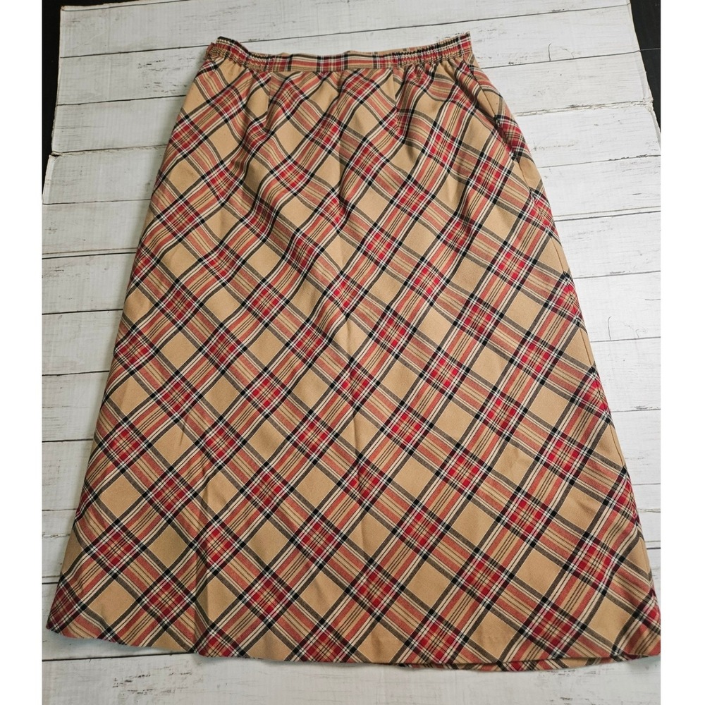 Sag Harbor Plaid Midi Skirt Womens 16 Tan Red Black Bias Cut Lined Elastic Waist - Picture 5 of 9
